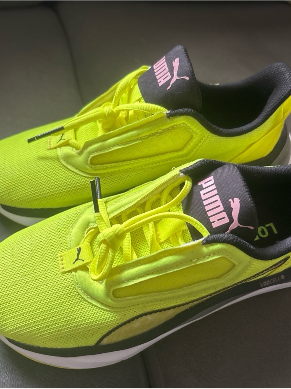 Puma Neon Yellow and Black Athletic Sneakers with Pink Logo
